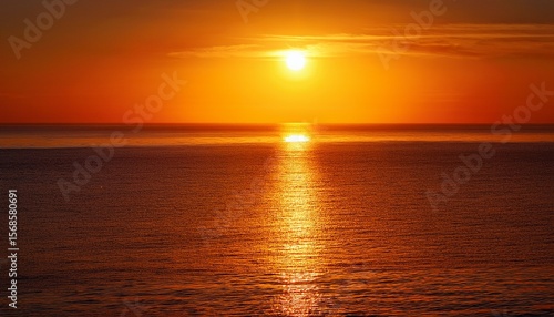 glowing sun rising over a calm sea in warm amber and burnt orange tones