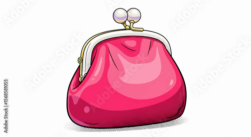 Glossy Halftone Pink Coin Purse with White Clasp, Iridescent Pearl Spheres, and a Golden Metal Bar