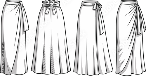 Stylish Women's Skirt Flat Sketches Vector Set, Featuring Various Lengths and Waist Details, Ideal for Fashion Design, Apparel Production, and E-commerce.