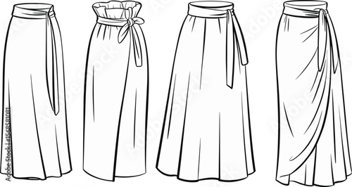 Versatile Women's Skirt Styles Vector Set, Featuring Wrap and Tie Details, Perfect for Fashion Design, Apparel Mockups, and Clothing Line Development.