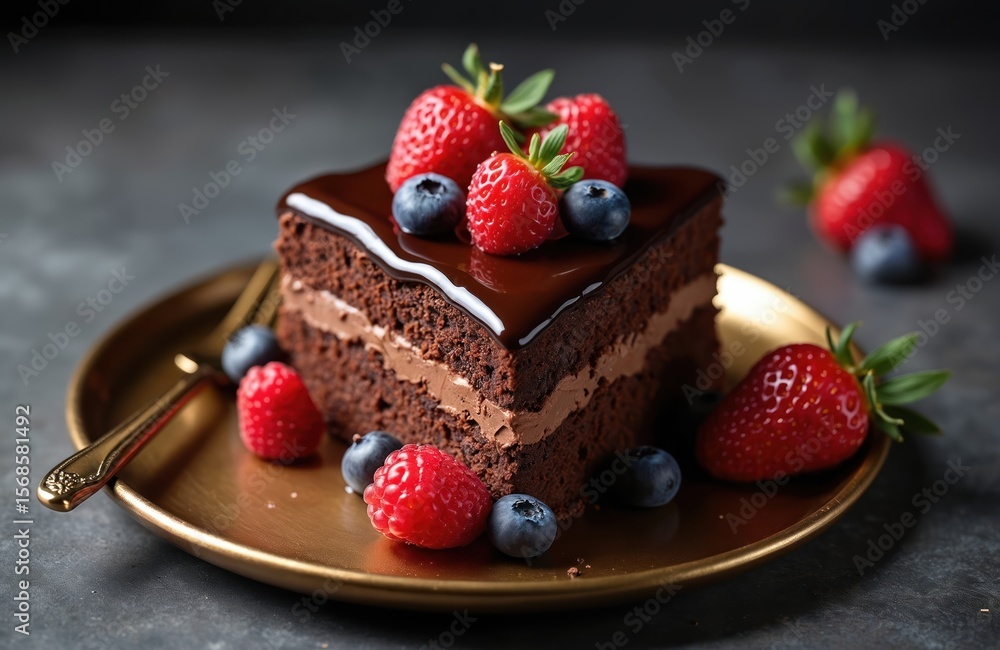 Slice of decadent chocolate opera cake with layers of rich cream, moist cake. Topped with fresh strawberries, blueberries. Perfect dessert for celebrations sweet indulgence. Serve with coffee tea. Slice of decadent chocolate opera cake with layers of rich cream, moist cake. Topped with fresh strawberries, blueberries. Perfect dessert for celebrations sweet indulgence. Serve with coffee tea.