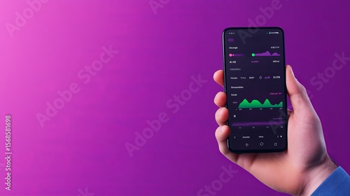 Wallpaper Mural Hand Holding Phone with Data Chart App on Purple Background, Analytics , Mobile app Torontodigital.ca