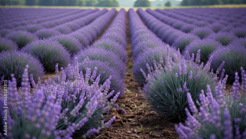 Naklejka premium Plantation field of lavender in a farm with empty space for text.