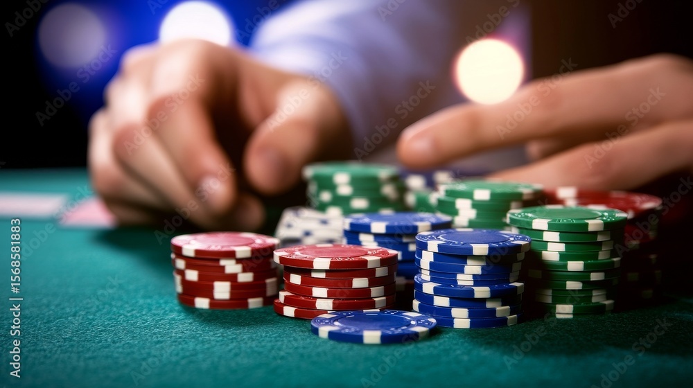 High-stakes Poker Stacks of Chips on Green Felt, hands blurred, Casino ,Betting High-stakes Poker Stacks of Chips on Green Felt, hands blurred, Casino ,Betting