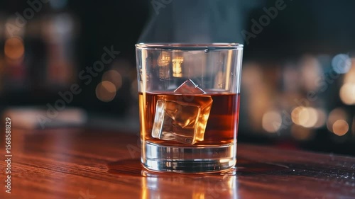 Amber spirit drink with ice in glass on wood counter