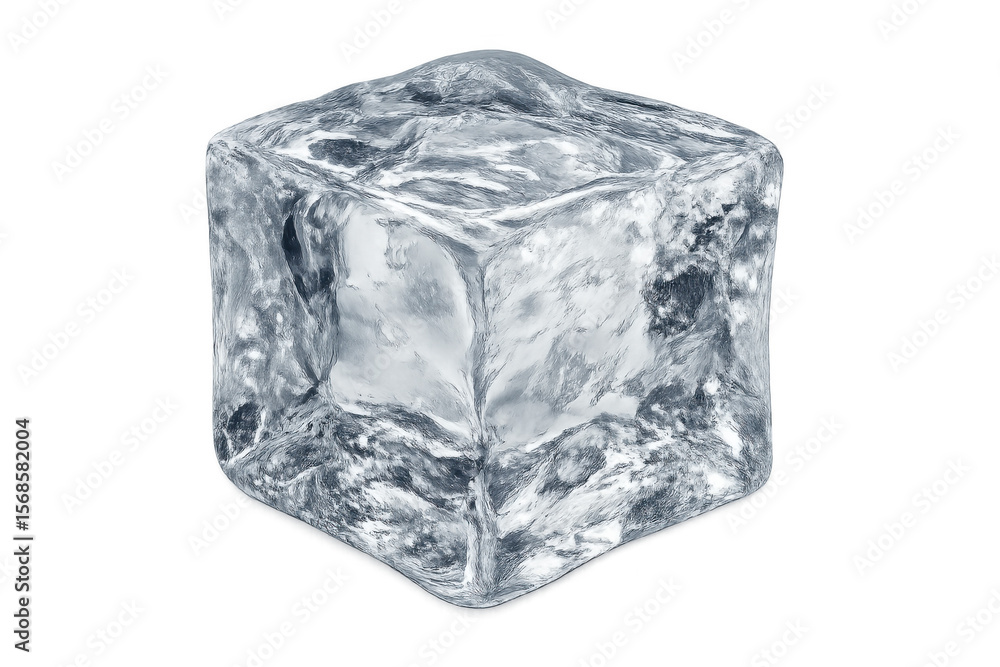 Obraz premium Rotating transparent ice cube casting cool reflections, highlighting crystalline texture against neutral backdrop