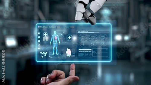 Robot and human reaching hand and pointing finger with human anatomy icon. Close up of robot hand and human working together while pointing finger with x ray holographic with blurred lab. Salubrious.