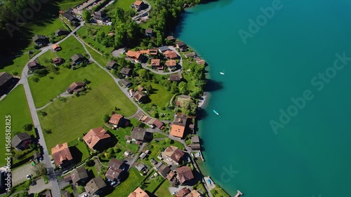 An Panoramic aerial of the old town of the city Iseltwald in Switzerland on a sunny day in summer