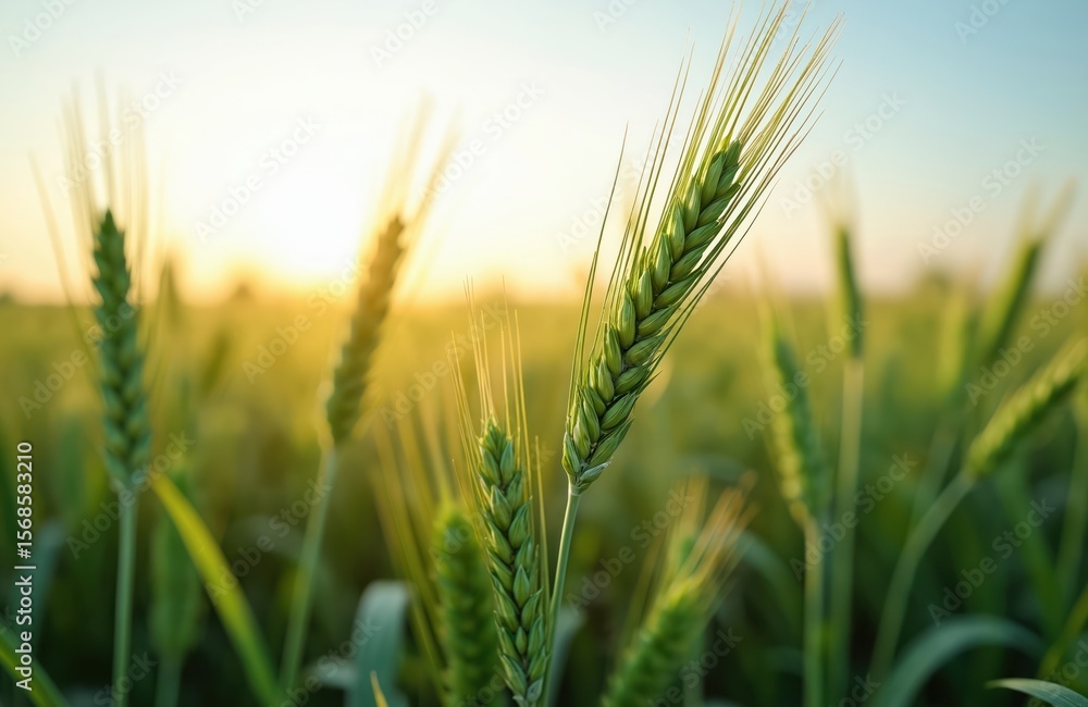 Close-up of unripe green wheat ears in field during sunset. Concept of agriculture, healthy eating, and organic food growth. Soft light illuminates cereal crops, suggesting bountiful harvest. Close-up of unripe green wheat ears in field during sunset. Concept of agriculture, healthy eating, and organic food growth. Soft light illuminates cereal crops, suggesting bountiful harvest.