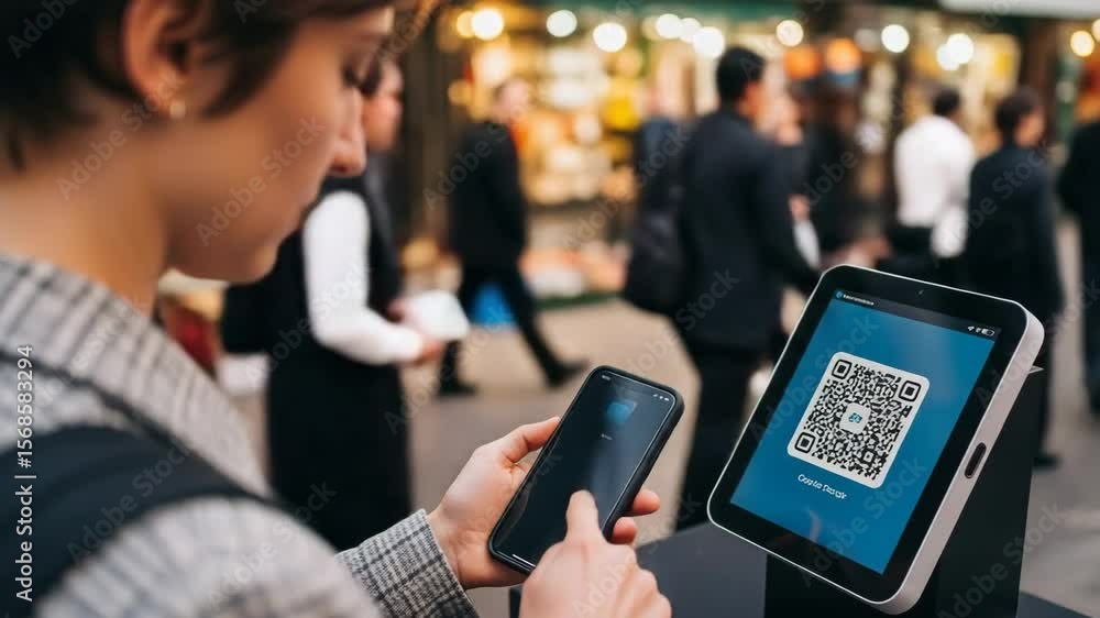 Person making contactless crypto payment by scanning QR code with smartphone in a busy market