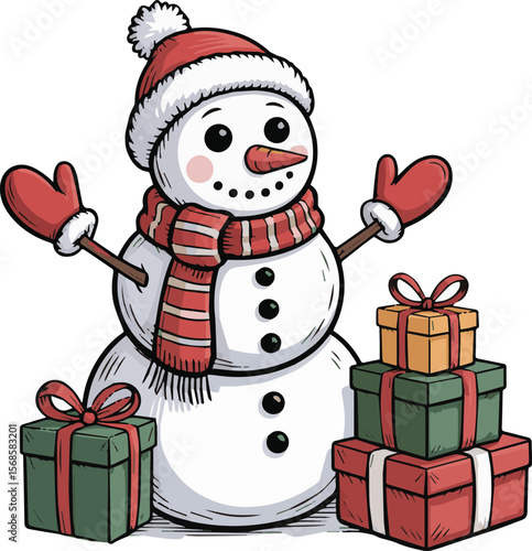 Charming winter snowman illustration with festive elements and bold outlines