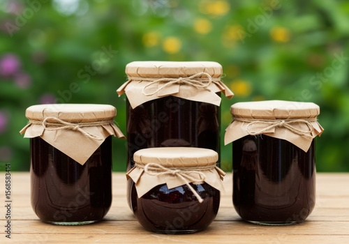 Jars of dark jam with paper covers on a wooden surface