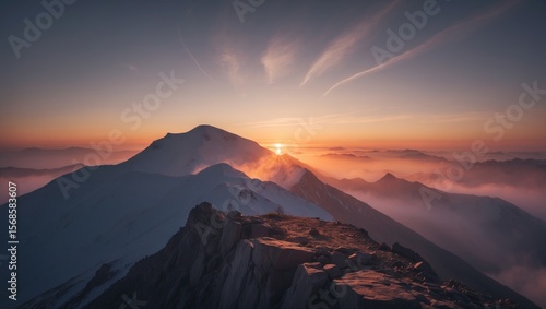 A sunrise summit on a mountain with clouds and peaks at dawn.