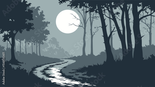 Dark forest river moonlight scene night trees