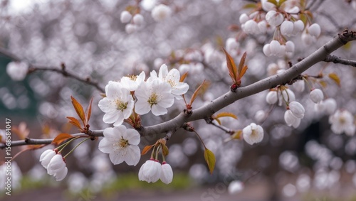 A branch of blooming cherry with white flowers of a cherry tree.