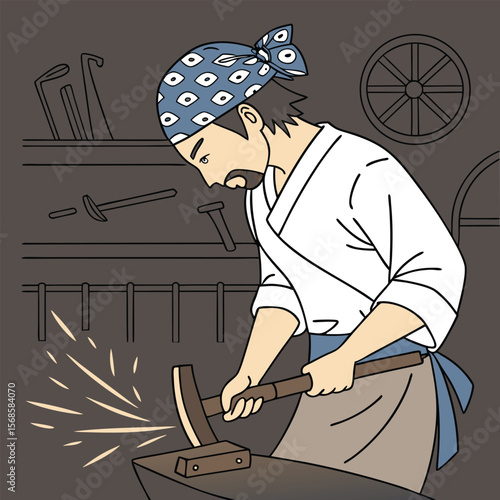 Japanese blacksmith working with hammer sparks anvil