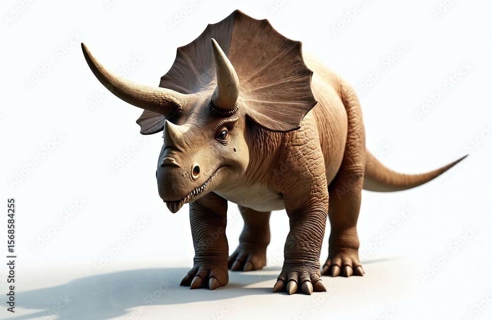 Obraz premium Triceratops dinosaur illustration isolated on white background. Prehistoric herbivore animal with three horns, frill. Detailed realistic model resembling ancient reptile, perfect for educational
