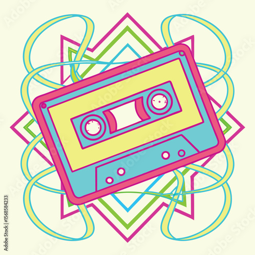 Retro cassette tape explosion neon geometric shapes 1980s