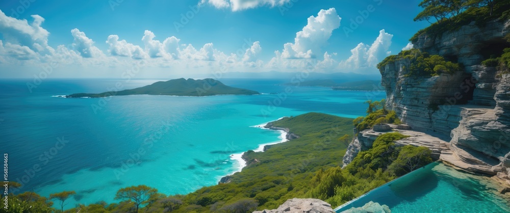 Fototapeta premium Scenic landscape view from the top of a nature reserve over turquoise sea with stunning ocean views and empty copy space for text.