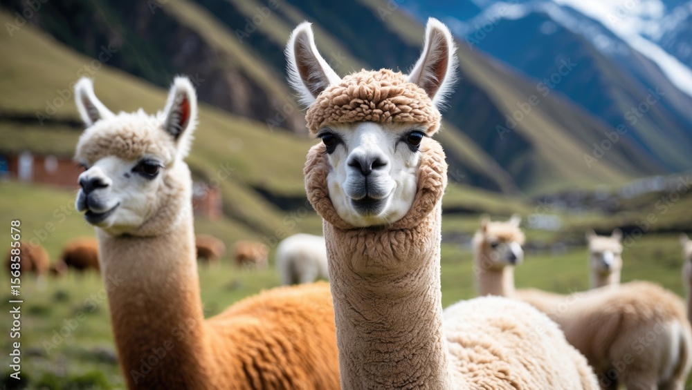 Obraz premium Alpaca in Andes with mountains and grazing area