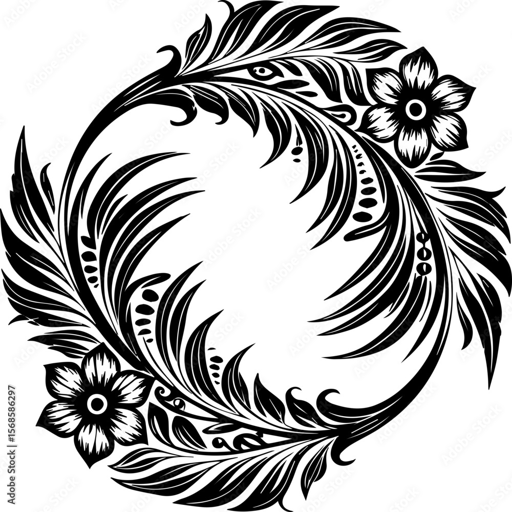 Fototapeta premium Floral corner and circle frame with leaves, SVG vector illustration for decorative design, clean lines.Decorative Floral Frame with Leaves and Flowers Design