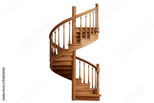 Classic wooden spiral staircase curving gracefully, isolated on a transparent background, ready for integration into architectural designs