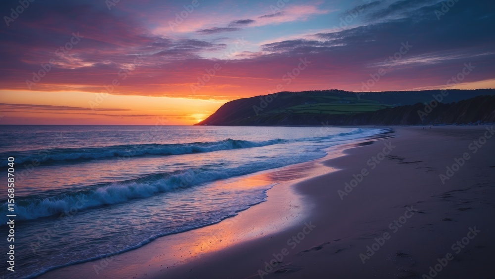 Fototapeta premium Scenic view of a sandy beach at sunset with calm waves, a vibrant sky, and a silhouetted hill, capturing the peaceful beauty of an evening with empty copy space for text