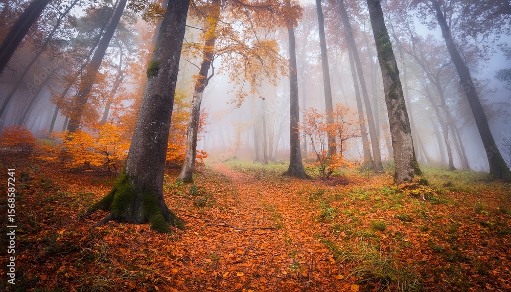 Fototapeta premium misty autumn forest with orange leaves
