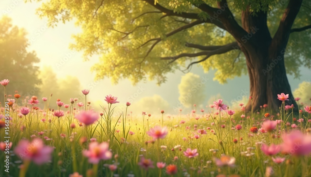 Fototapeta premium Picturesque meadow filled with blooming pink flowers under large, leafy tree. Sunlight streams through branches, creating warm, inviting spring atmosphere. Serene landscape evokes feelings of nature,