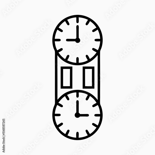 Wall clock icon presenting passage of time with simple linear design and circular faces. This wall clock represents how time is passing, especially on pendulum clocks.