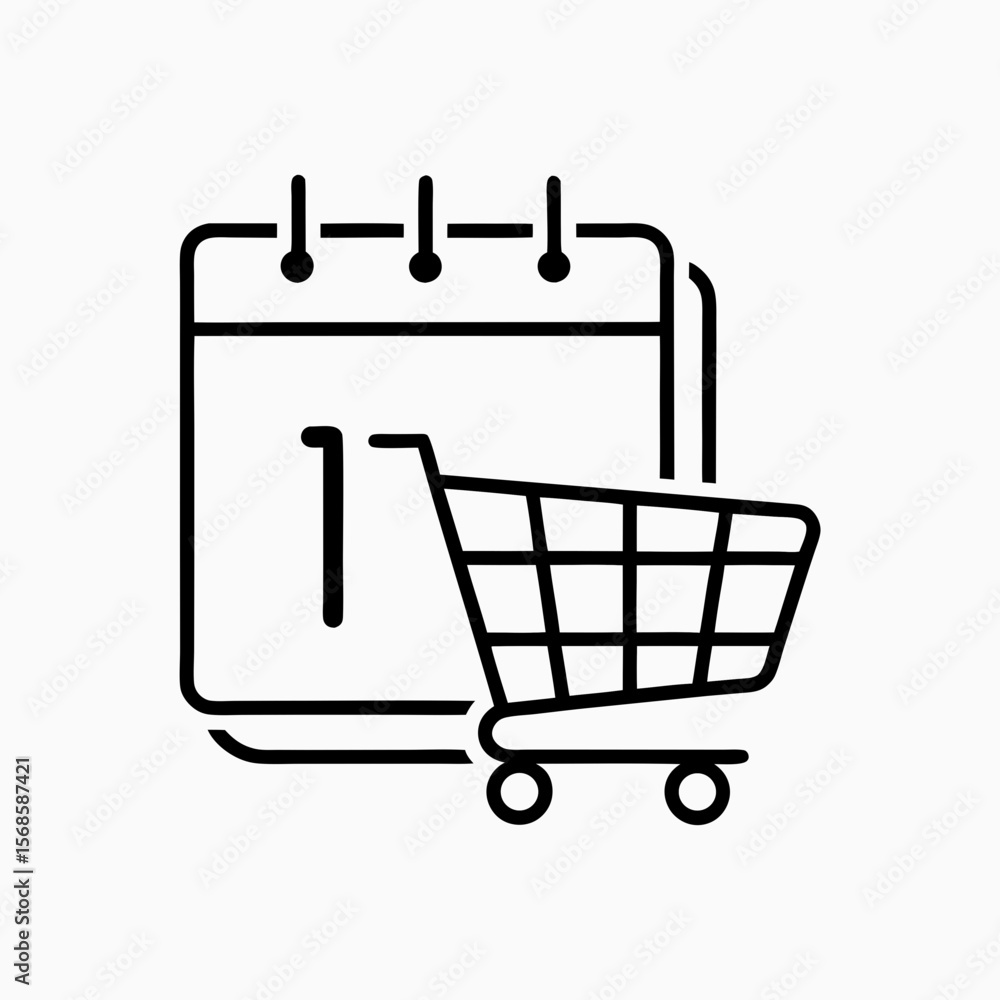 Shopping day icon showing calendar with shopping cart in black and white. Shopping day preparation concept features an event with shopping symbol, isolated on white. Shopping day icon showing calendar with shopping cart in black and white. Shopping day preparation concept features an event with shopping symbol, isolated on white.