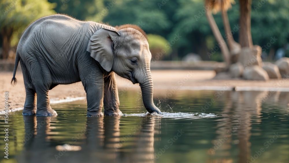 Fototapeta premium An adorable baby elephant drinking water from a calm pond