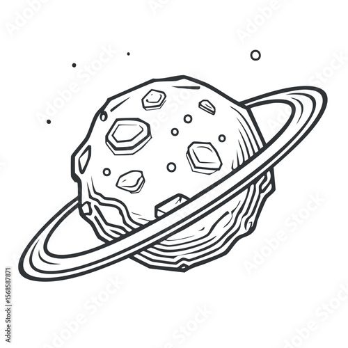 Hand-Drawn Style Planet with Rings Outline on Black Background - Space Exploration
