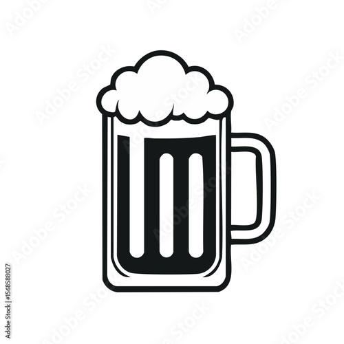 Stylized Dark Beer Mug with White Foam on Black Background, Drink Illustration