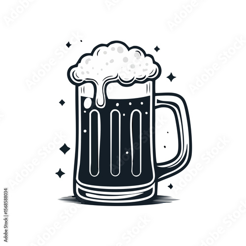 Stylized Vector of Full Beer Mug with Foam on a Dark Background