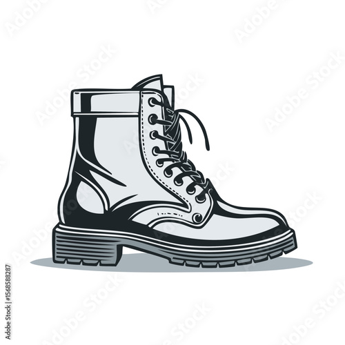 Illustration of a lace up leather work boot for hiking or construction work in grayscale with detailed tread sole design