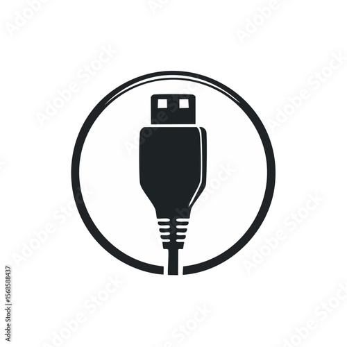 Stylized USB cable adapter icon graphic in black and white for connecting technology devices and transferring digital information