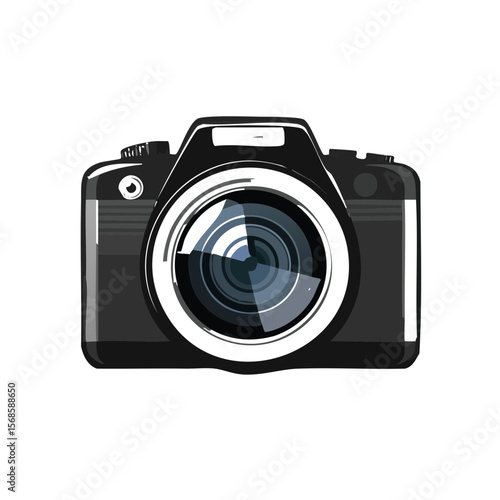 Illustrated camera on black background highlighting lens features for visual storytelling and creative photography projects