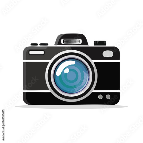 Camera Icon Illustration Black Camera with Blue Lens Isolated on Black Background