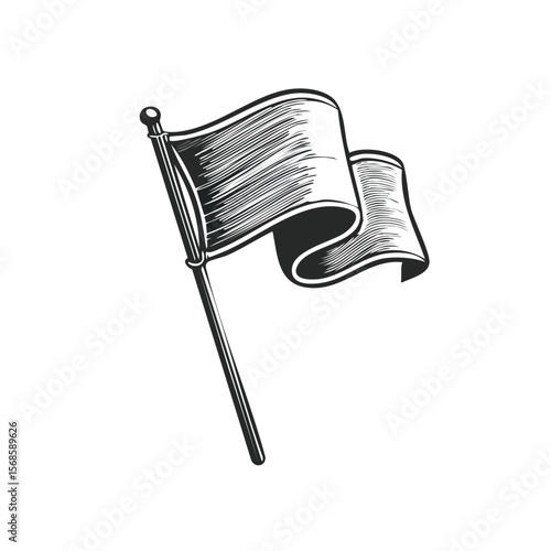 Drawn wavy black flag symbolizing protest or surrender waving on a pole against a solid black background in sketch style