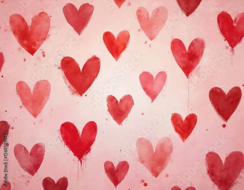 Scattered red hearts on soft pink background. Watercolor illustration conveys love, affection, celebration, romance, joy. Perfect for Valentine Day, greeting cards, or romantic graphic design themes.