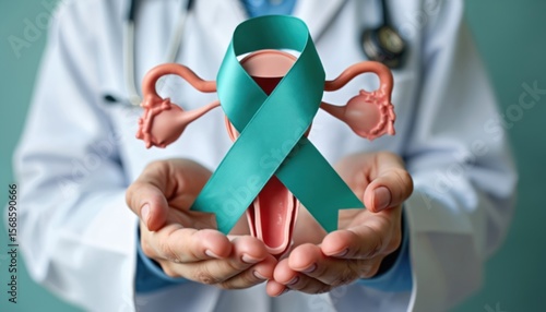 Doctor holds teal ribbon with uterus, ovaries model, Cervical Cancer Awareness month. Focuses on reproductive health, women oncology, disease prevention. Medical support for uterine health, ovarian