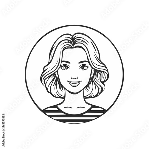 Portrait illustration of a smiling woman with wavy shoulder length hair in black and white simple design graphic style