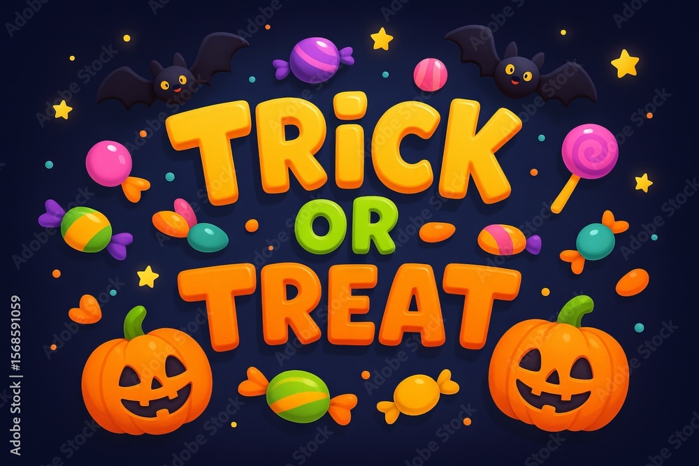 Fototapeta premium Colorful halloween scene with pumpkins, candy, and bats celebrating trick or treat night. concept of halloween fun, festive decor, and spooky celebration