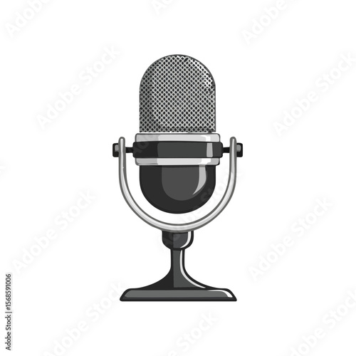 Vintage microphone illustration on black background for podcasting and live audio recording with retro design elements for communication