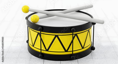 Halftone Yellow Toy Drum with Black Rims, Studs, and Triangular Pattern, Crossed Gray Drumsticks with Yellow Tips
