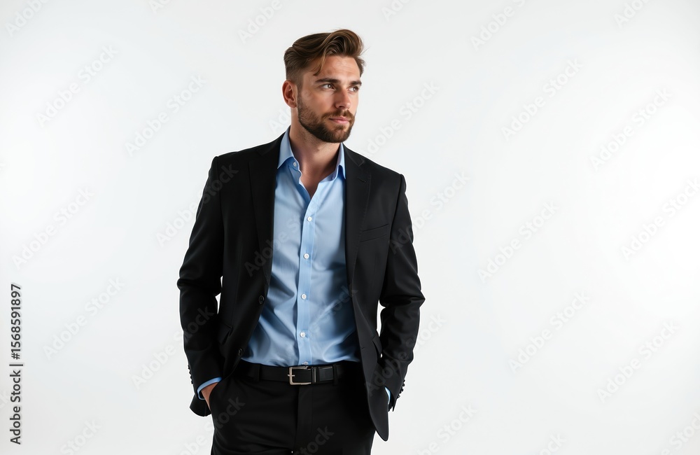 Fototapeta premium Young caucasian businessman in black suit, blue shirt stands with hands in pockets against white studio background. Confident, stylish man looks aside, suggesting focused thought business
