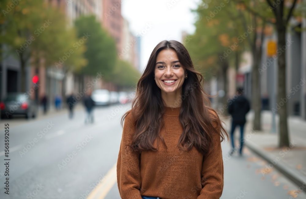 Fototapeta premium Young hispanic woman smiling happily on city street. Wears casual brown sweater, long, dark hair. Urban background features trees, buildings, blurred pedestrians, creating vibrant street life