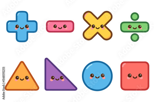 Cute math symbols and geometric shapes vector illustration for educational design in flat style