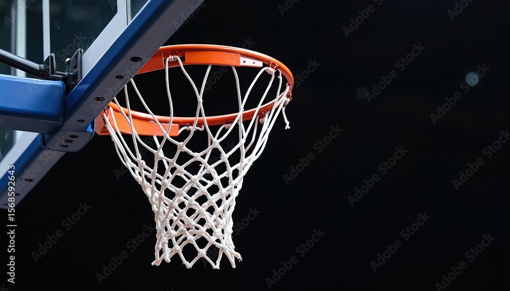 Closeup of basketball hoop with white net, orange rim against dark background. This indoor sports equipment, often found in gyms or arenas, is ready for scoring. Isolated detail shot. Closeup of basketball hoop with white net, orange rim against dark background. This indoor sports equipment, often found in gyms or arenas, is ready for scoring. Isolated detail shot.